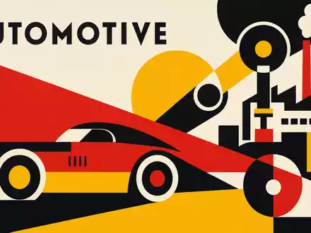Ford Motor Co. US3453708600 Bauhaus-Poster mit geometrischen Formen in Rot-Gelb und AUTOMOTIVE-Sektor-Text - Foto: THN