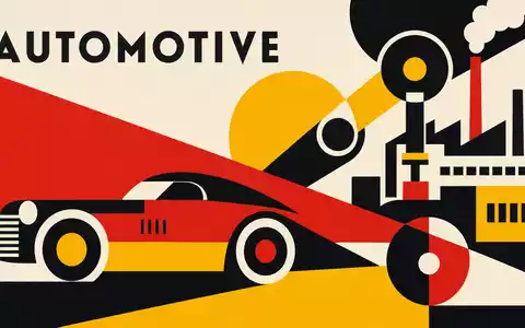 Ford Motor Co. US3453708600 Bauhaus-Poster mit geometrischen Formen in Rot-Gelb und AUTOMOTIVE-Sektor-Text - Foto: THN
