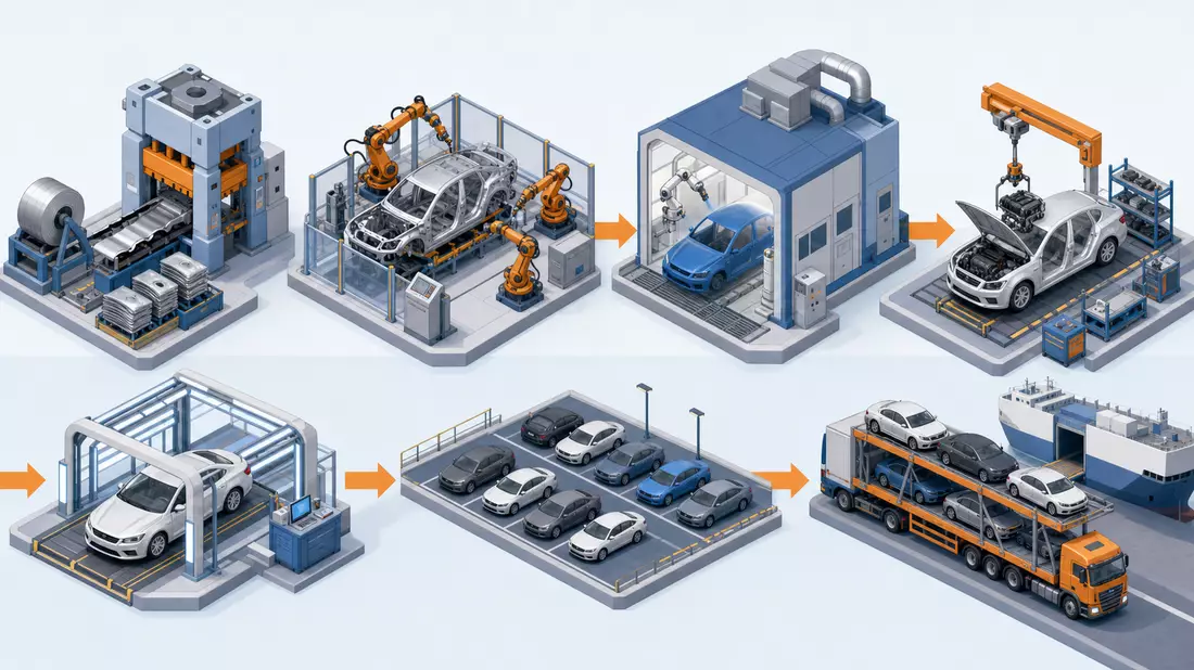 Isometrische 3D-Illustration der Automobil-Wertschöpfungskette von Stanzwerk bis Fahrzeugversand