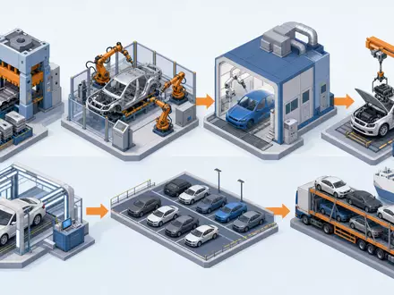 Ford Motor Co. US3453708600 isometrisches 3D-Diagramm zeigt automobile Wertschöpfungskette von Stanzwerk bis Versand - Foto: THN