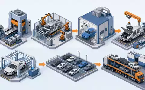 Ford Motor Co. US3453708600 isometrisches 3D-Diagramm zeigt automobile Wertschöpfungskette von Stanzwerk bis Versand - Foto: THN
