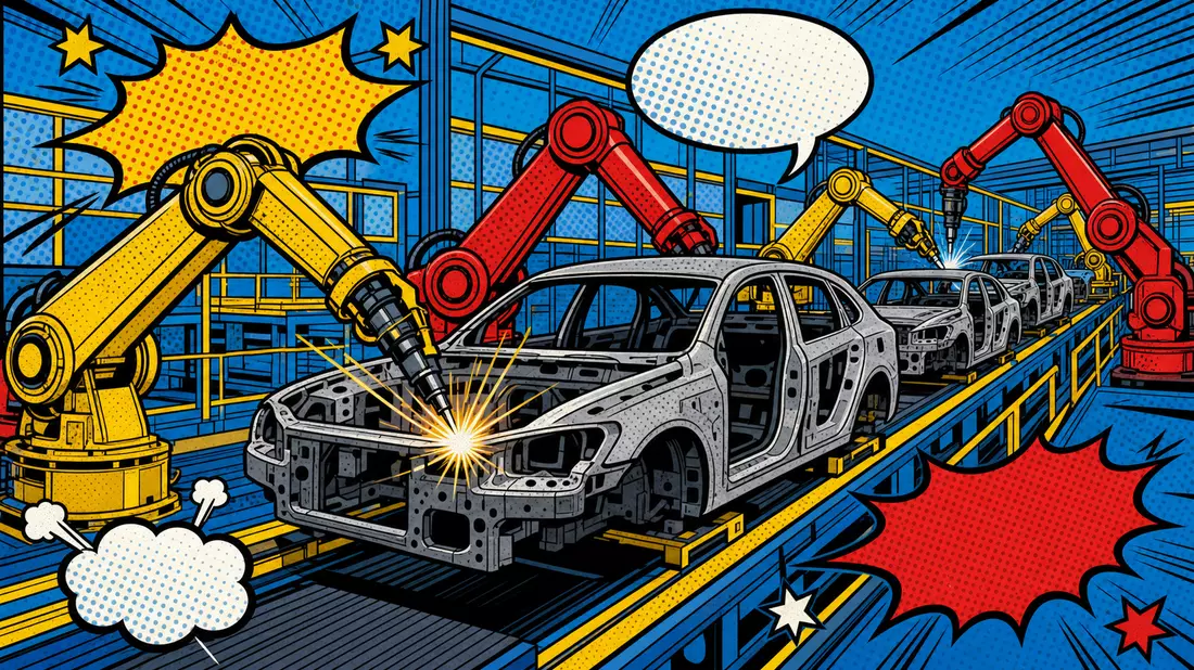 Pop-Art-Comic-Illustration eines Automobilwerks mit Robotern, Halbtonpunkten und Sprechblasen