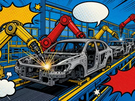 Ford Motor Co. US3453708600 Pop-Art-Comic mit bunten Robotern und Karosserien auf Fließband in Halbtonoptik - Foto: THN