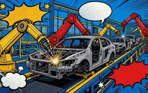 Ford Motor Co. US3453708600 Pop-Art-Comic mit bunten Robotern und Karosserien auf Fließband in Halbtonoptik - Foto: THN