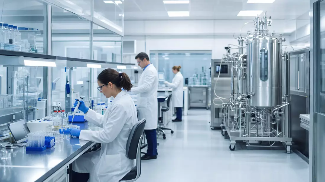 Wissenschaftler im sterilen Pharma-Labor mit Edelstahl-Bioreaktoren und Laborgeräten