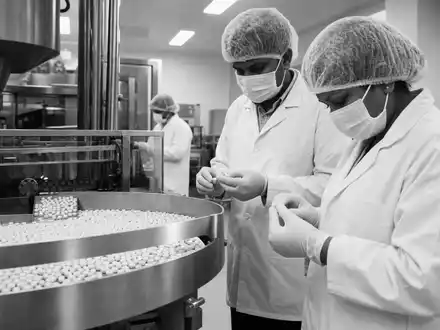 Dokumentarische Schwarzweiß-Aufnahme repräsentiert Eli Lilly and Company, ISIN US5324571083, in pharmazeutischer Produktionsstätte weltweit - Foto: THN