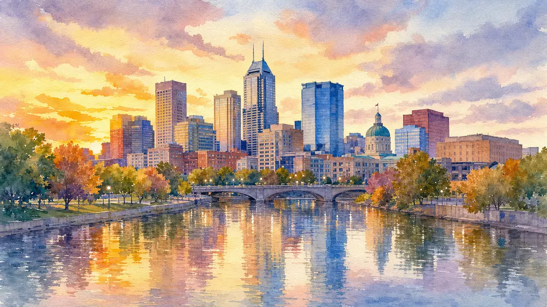 Aquarellmalerei der Indianapolis-Skyline am Fluss im goldenen Abendlicht
