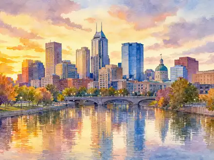 Aquarellgemälde der Skyline von Indianapolis symbolisiert Eli Lilly and Company, ISIN US5324571083, als dortiger Pharmakonzern - Foto: THN