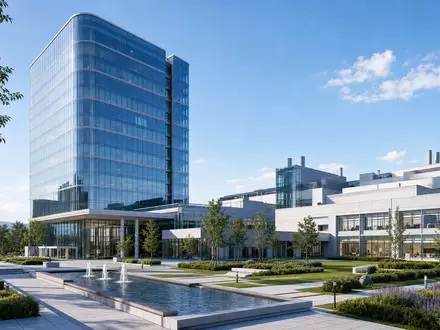 Architektur-Render eines modernen Firmencampus visualisiert Eli Lilly and Company, ISIN US5324571083, als globalen Pharmakonzern - Foto: THN