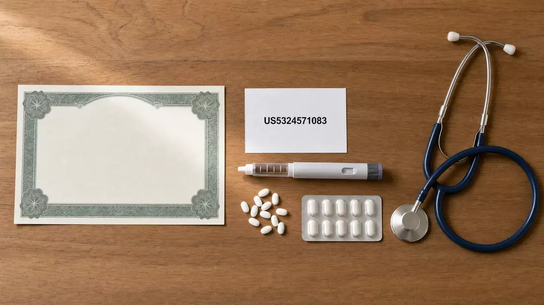 Flatlay mit Aktienzertifikat, ISIN-Karte, Insulinpen, Tabletten und Stethoskop auf Holztisch