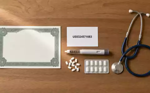 Flatlay mit Aktienzertifikat und ISIN-Karte zeigt Eli Lilly and Company, ISIN US5324571083, neben medizinischen Utensilien - Foto: THN