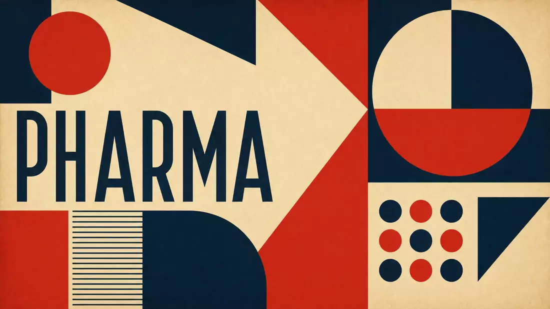 Bauhaus-Poster mit geometrischen Formen und dem Wort PHARMA in Rot und Blau