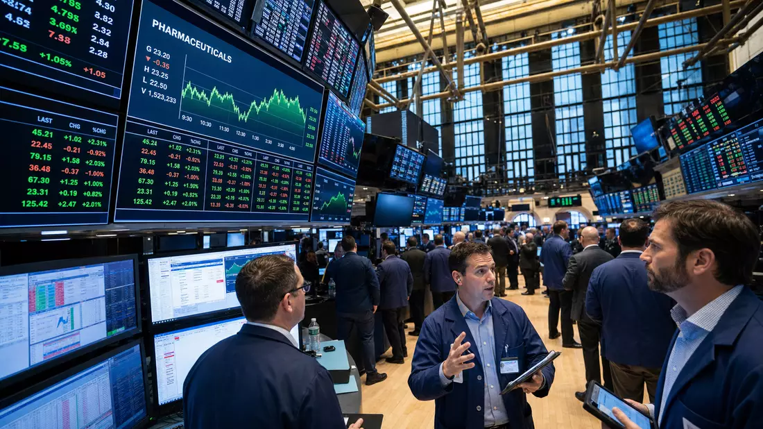 Trader im NYSE-Handelssaal vor Bildschirmen mit Pharma-Sektor-Kursdaten
