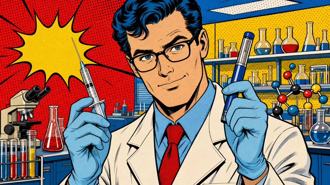 Pop-Art-Comicillustration eines Wissenschaftlers mit Spritze und Insulinpen im Labor