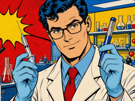 Pop-Art-Comicszene mit Wissenschaftler symbolisiert Eli Lilly and Company, ISIN US5324571083, kreativ im Pharmabereich humorvoll - Foto: THN