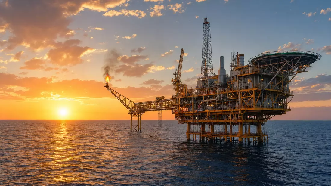 Offshore-Ölplattform im Mittelmeer bei Sonnenuntergang, fotorealistisch