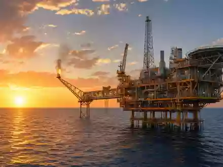 Fotorealistisches Bild einer Offshore-Ölplattform zeigt die Energiebranche von Eni S.p.A., ISIN IT0003132476, im Mittelmeer - Foto: THN