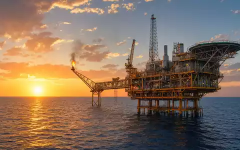 Fotorealistisches Bild einer Offshore-Ölplattform zeigt die Energiebranche von Eni S.p.A., ISIN IT0003132476, im Mittelmeer - Foto: THN