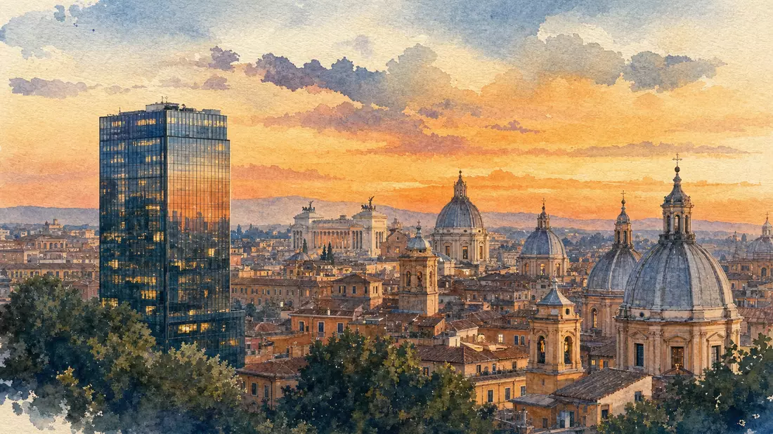 Aquarellbild der Skyline von Rom mit modernem Bürogebäude im Vordergrund