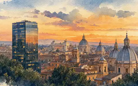 Aquarellmalerei zeigt die Skyline von Rom mit Bürohochhaus, Sitz von Eni S.p.A., ISIN IT0003132476 - Foto: THN