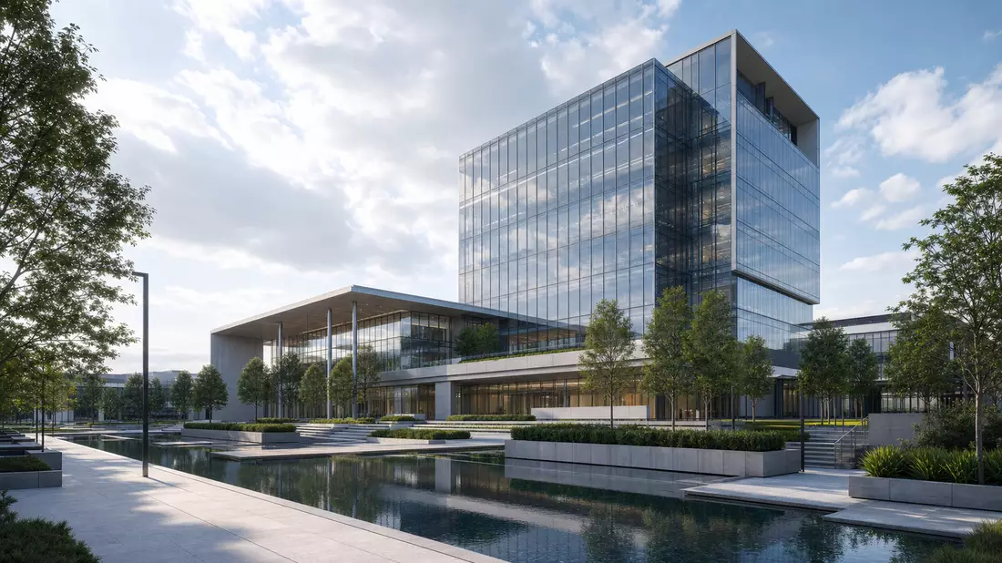Architektur-Render eines modernen Glas-Hochhauses als Energiekonzern-Hauptsitz