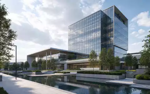 Architektonisches 3D-Render eines modernen Energiekonzern-Hochhauses illustriert den Unternehmenssitz von Eni S.p.A., ISIN IT0003132476 - Foto: THN