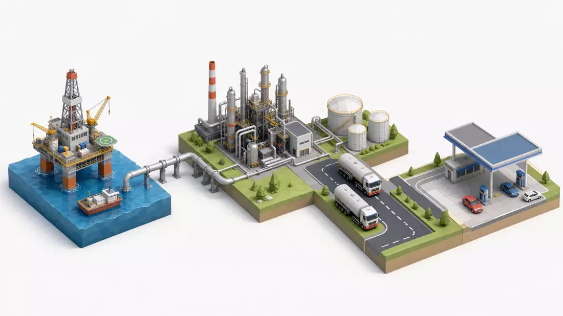 Isometrische 3D-Illustration der Öl-Wertschöpfungskette von Plattform bis Tankstelle