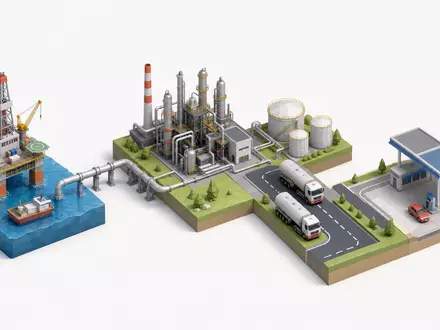 Isometrische 3D-Grafik zeigt die Wertschöpfungskette von Förderung bis Tankstelle für Eni S.p.A., ISIN IT0003132476 - Foto: THN