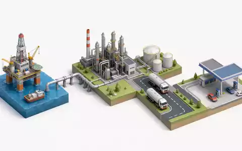 Isometrische 3D-Grafik zeigt die Wertschöpfungskette von Förderung bis Tankstelle für Eni S.p.A., ISIN IT0003132476 - Foto: THN