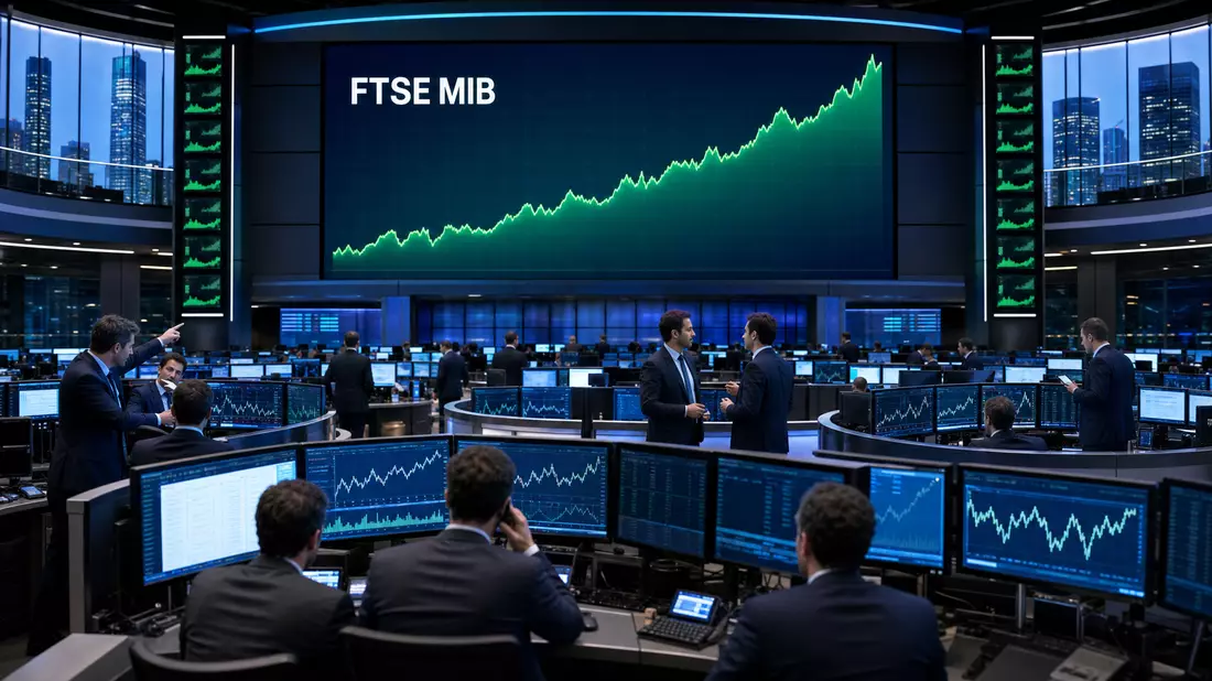 Editorial-Foto eines Börsenhandelsraums mit Energie-Kurscharts und FTSE MIB Anzeige