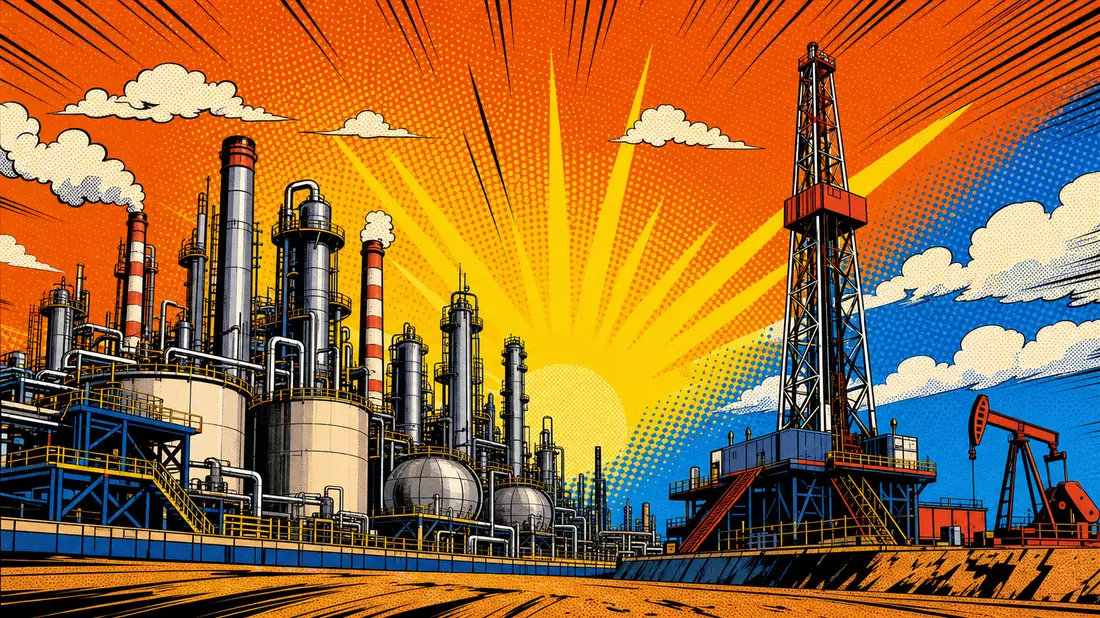 Pop-Art-Comic-Illustration einer Ölraffinerie mit kräftigen Farben und Halbtonpunkten
