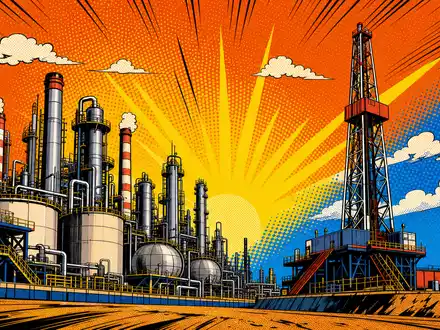 Farbenfrohe Pop-Art-Comicszene mit Bohrturm und Raffinerie stellt die Industrie von Eni S.p.A., ISIN IT0003132476, dar - Foto: THN
