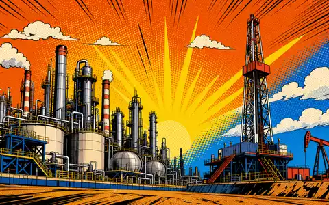 Farbenfrohe Pop-Art-Comicszene mit Bohrturm und Raffinerie stellt die Industrie von Eni S.p.A., ISIN IT0003132476, dar - Foto: THN
