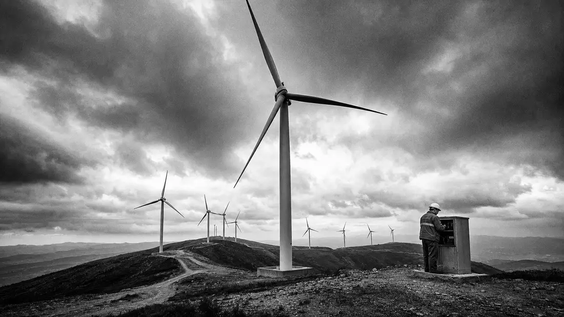 Schwarzweißes Reportagefoto von Windturbinen mit Techniker auf einem Hügel