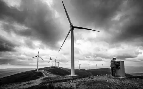 Schwarzweiß-Reportagefoto eines Windparks illustriert die Erneuerbaren-Energien-Aktivitäten von Enel S.p.A., ISIN IT0003128367, dokumentarisch - Foto: THN