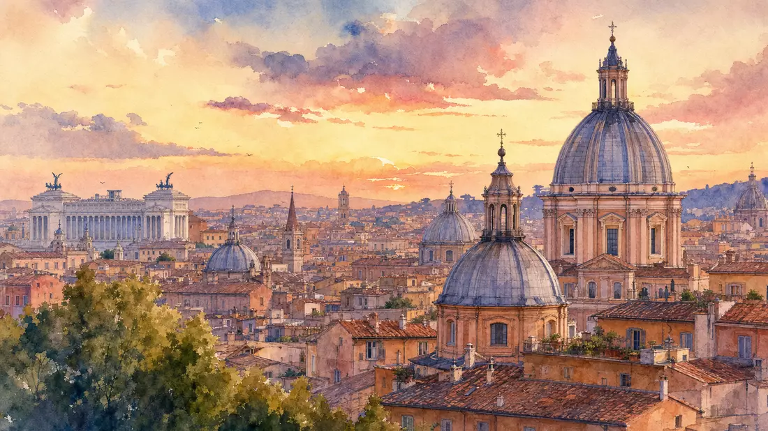 Aquarellbild der Rom-Skyline mit Kuppeln und Dächern bei Abenddämmerung