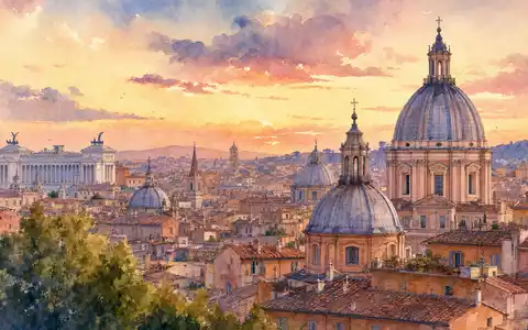 Aquarellmalerei der Rom-Skyline repräsentiert den Firmensitz von Enel S.p.A., ISIN IT0003128367, im italienischen Energiemarkt - Foto: THN