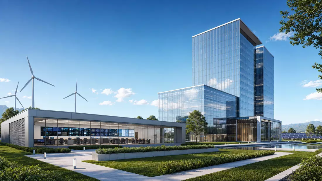 3D-Render einer modernen Glasfassade mit Windturbinen und Solarfeld im Hintergrund