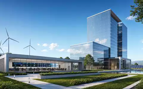 Architektur-Render eines modernen Bürokomplexes mit Windturbinen zeigt die Konzernzentrale von Enel S.p.A., ISIN IT0003128367 - Foto: THN