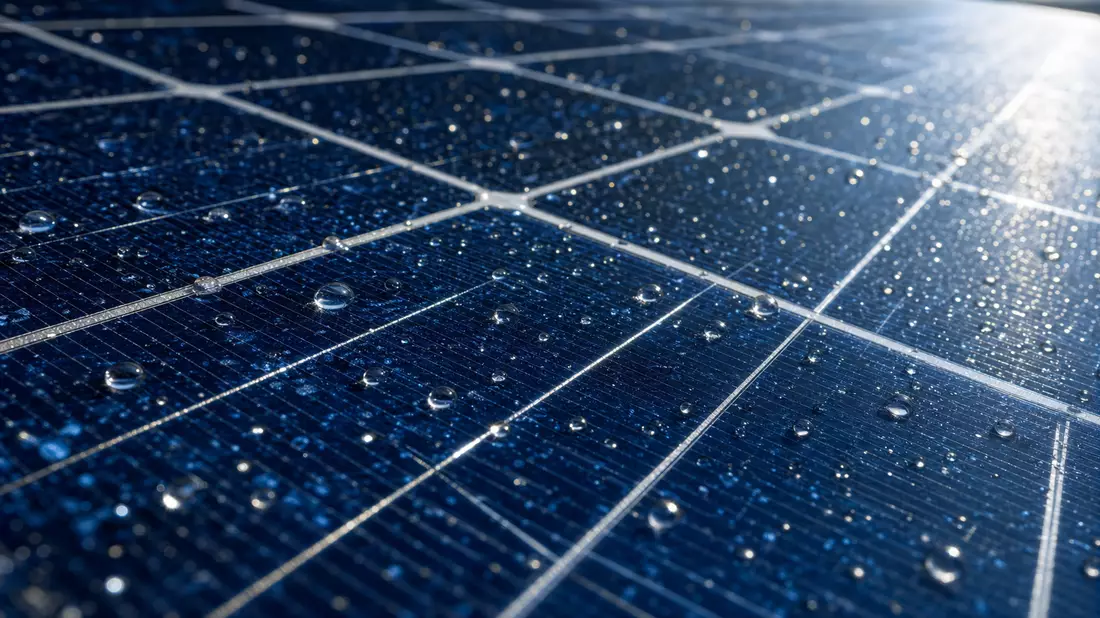 Extreme Nahaufnahme einer Solarzelle mit Wassertropfen und Gitterlinien