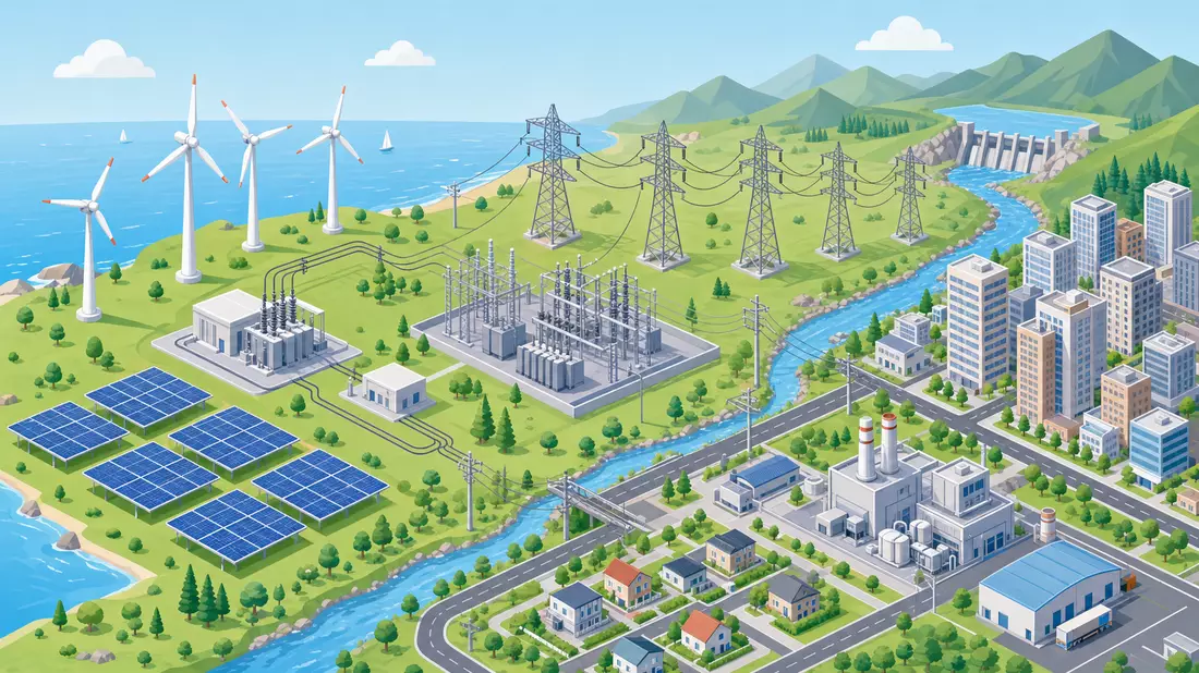 Isometrische Illustration von Windturbinen, Solarpanels und Umspannwerk mit Stadt