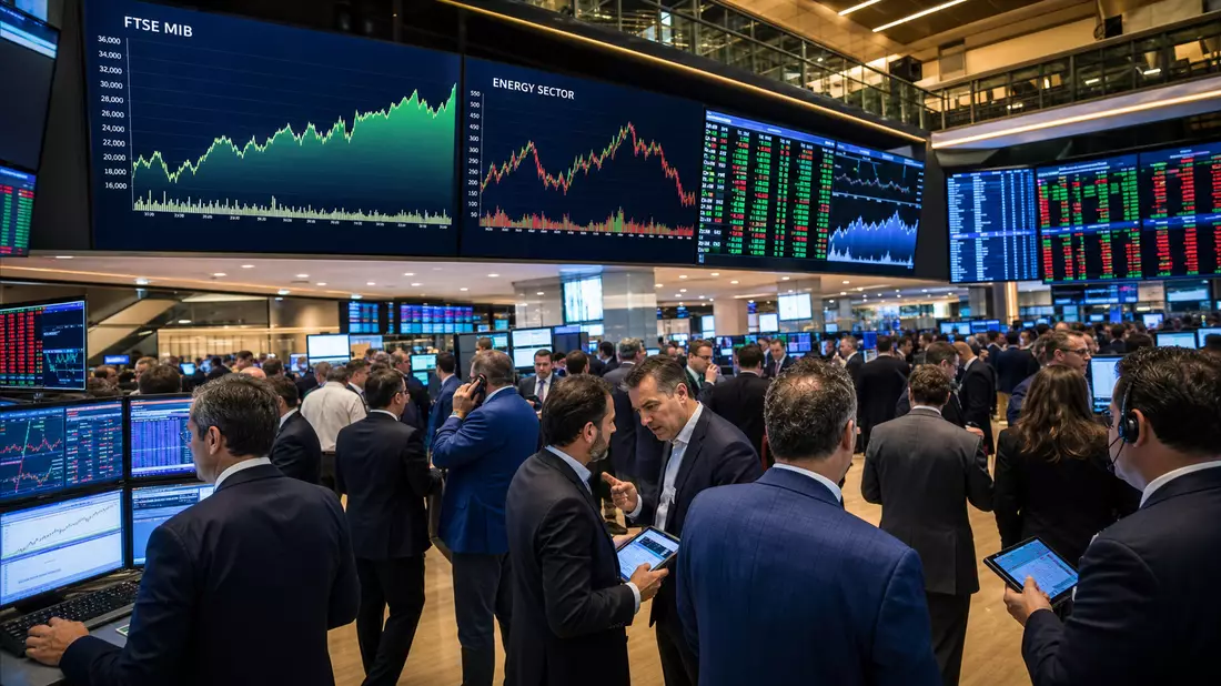 Trading-Floor mit großen Bildschirmen und FTSE-MIB-Aktienkursen sowie Energiesektor-Charts