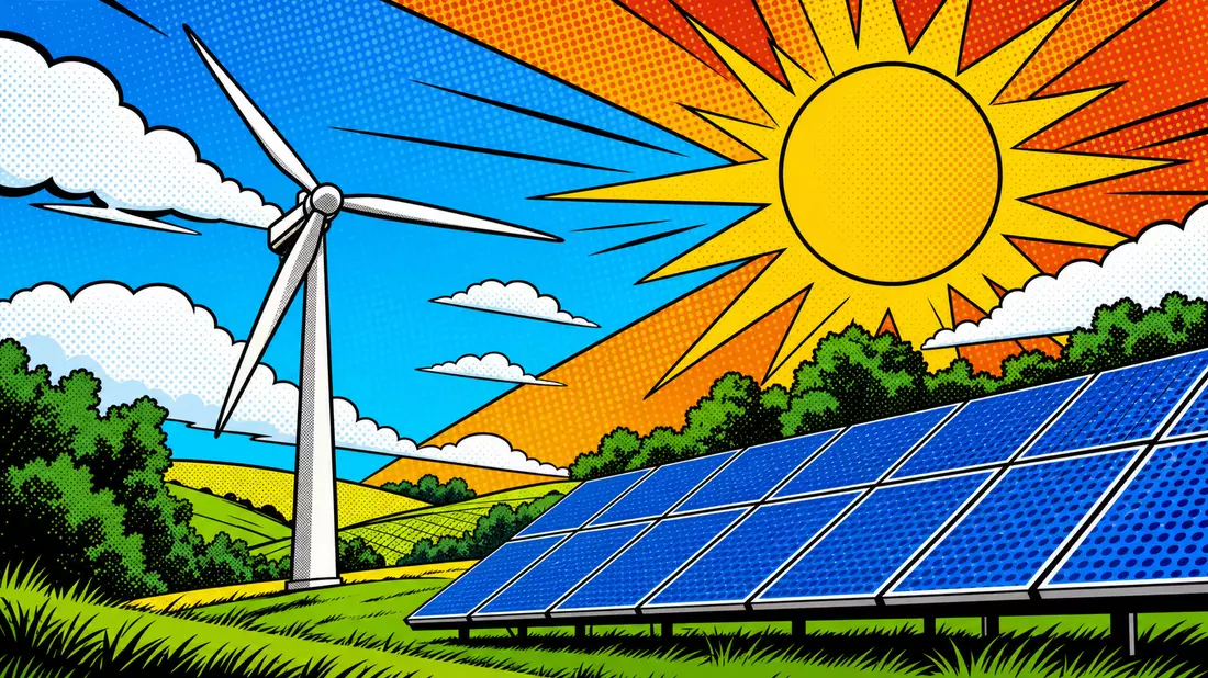 Bunte Pop-Art-Comic-Illustration mit Windturbine, Solarpanels und stilisierter Sonne