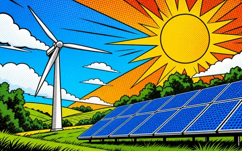 Pop-Art-Comic mit Windturbine und Solarpanels symbolisiert die grüne Energiewende von Enel S.p.A., ISIN IT0003128367 - Foto: THN