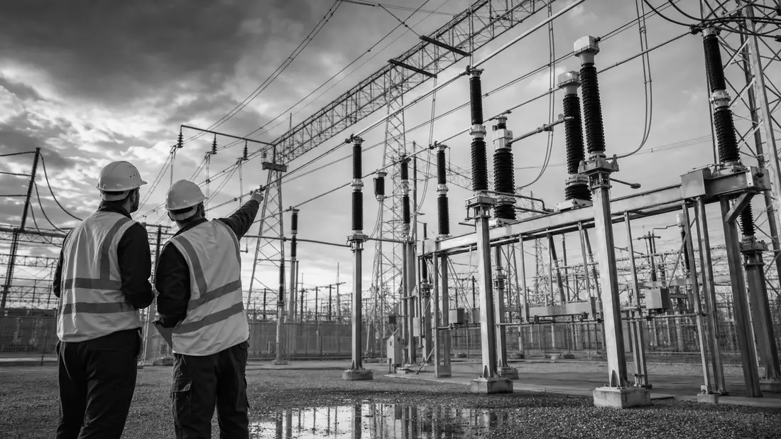 Zwei Ingenieure inspizieren in Schwarzweiß eine große Stromnetz-Anlage
