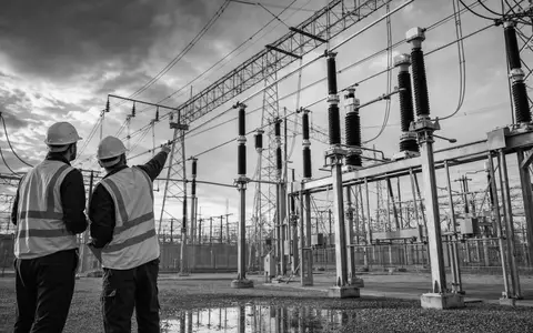 Schwarzweiß-Reportage von Netzingenieuren bei Inspektion einer Umspannanlage symbolisiert E.ON SE DE000ENAG999 Kerngeschäft im Stromnetzbetrieb - Foto: THN