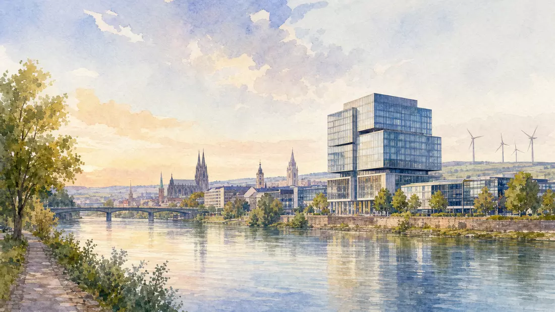 Aquarell einer Stadtsilhouette mit Bürogebäude, Fluss und Windrädern