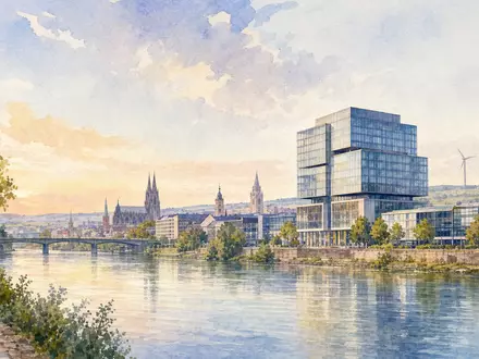 Aquarellmalerei einer Stadt mit Bürohochhaus und Windrädern zeigt E.ON SE DE000ENAG999 Standort und Energiewende - Foto: THN