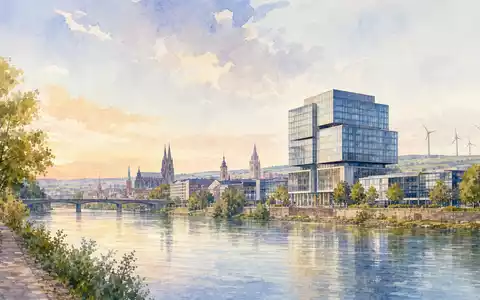 Aquarellmalerei einer Stadt mit Bürohochhaus und Windrädern zeigt E.ON SE DE000ENAG999 Standort und Energiewende - Foto: THN