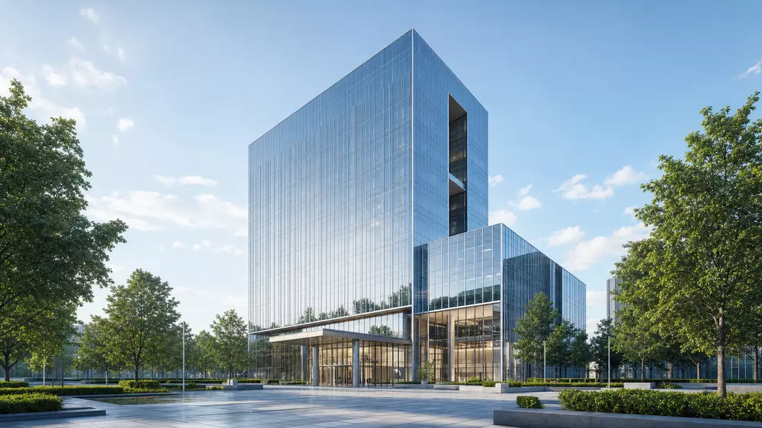 Modernes gläsernes Bürohochhaus mit Grünflächen und Vorplatz bei Tageslicht